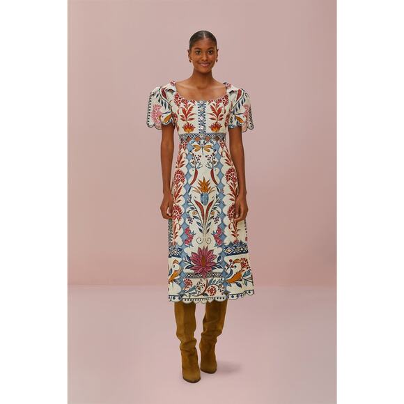 Farm Rio Cream Romantic Lightness short sleeve midi dress size large - Picture 1 of 15